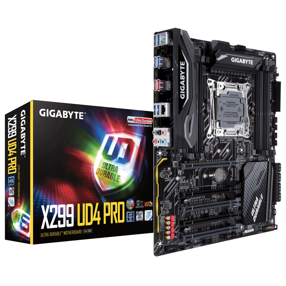 X299 UD4 Pro, Socket 2066, Intel®X299, 8xDDR4-2400, 5xPCI-Ex16, 8xSATA3,(RAID 0/ 1/ 5/ 10), 2xM.2, 8 Ch Audio, GLan, (0+4)xUSB2.0, (8+4)xUSB3.1, 1xPS/ 2, ATX, RTL {8}