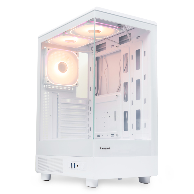 Корпус без блока питания/ HSPD F510, Panoramic Mid Tower, White, TG, 0.5 SPCC, 3x120mm ARGB ATX, mATX, mITX 180/280/160mm 1x2.5", 1x3.5", 7xPCI 2xUSB-A 3.0 356x218x467mm (F510-TGWH-ARGB)