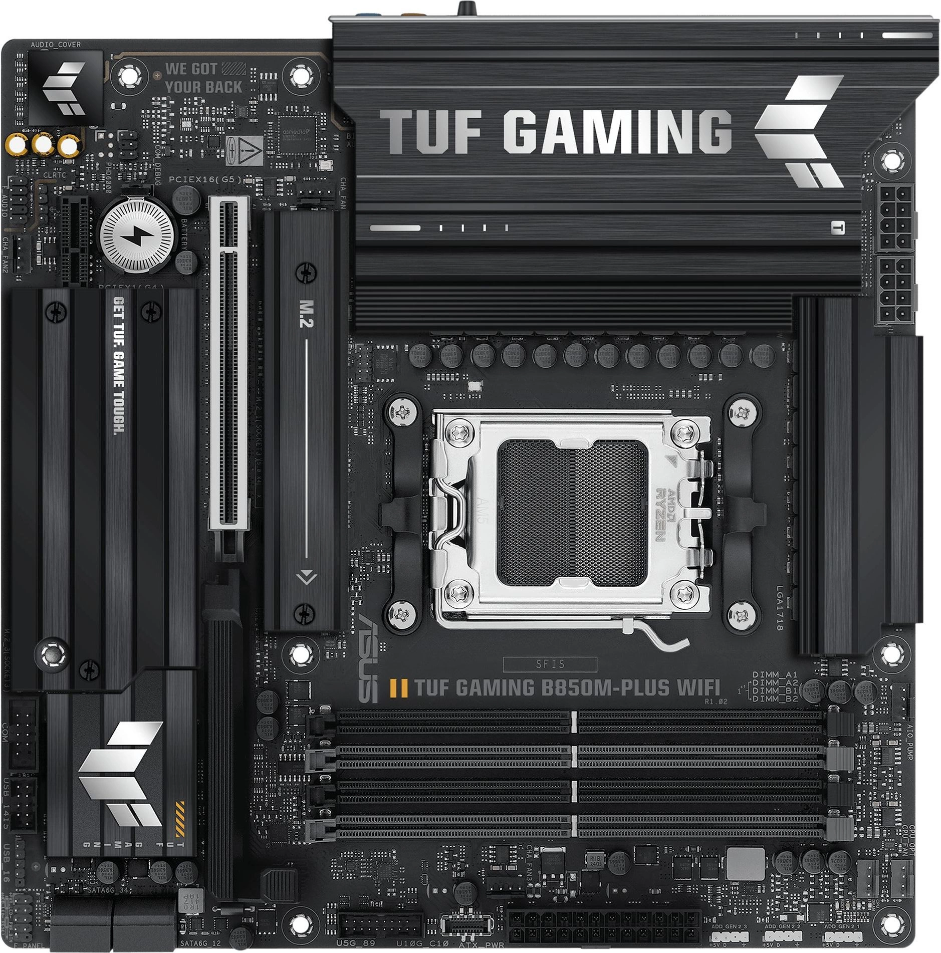 Материнская плата ASUS TUF GAMING B850M-PLUS WIFI, AM5, B850, 4*DDR5, 4*SATA, 3*M.2, 7*USB 3.2, 4*USB 2.0, Type-C, 2*PCIx16, 1*PCIx1, DP+HDMI, mATX; 90MB1IY0-M0EAY0