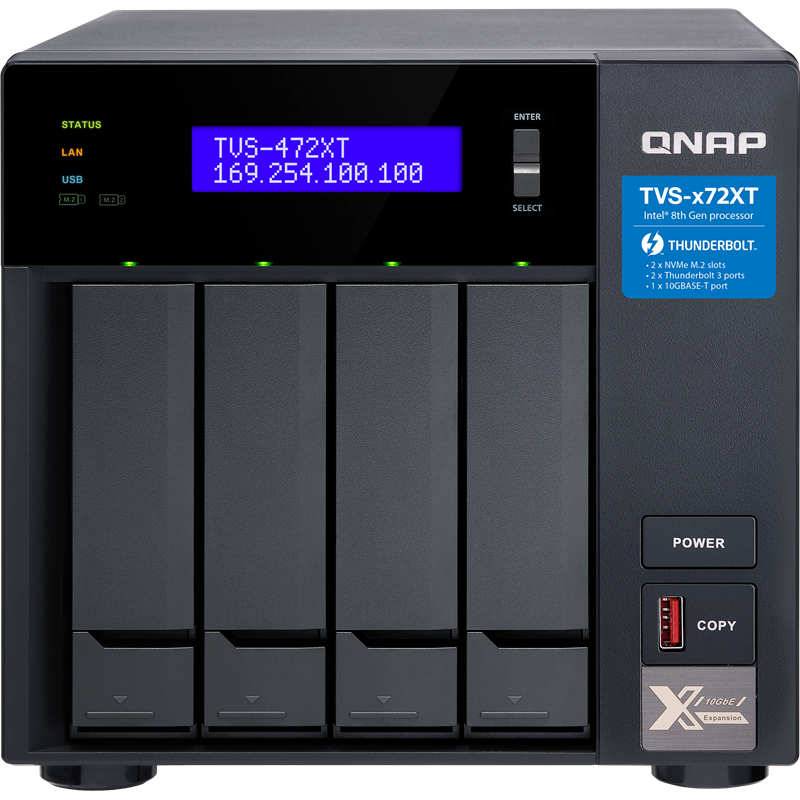 Сетевое хранилище без дисков SMB QNAP TVS-472XT-PT-4G 4-Bay NAS, Intel Pentium Gold G5400T 2-core 3.1 GHz processor, 4GB DDR4 RAM (max 32GB RAM), 4x 2.5"/ 3.5" SATA HDD/ SSD + 2x M.2 PCIe SSD slot, 2xGbE LAN, 1 x 10GBase-T, 2 x Thunderbolt 3 port