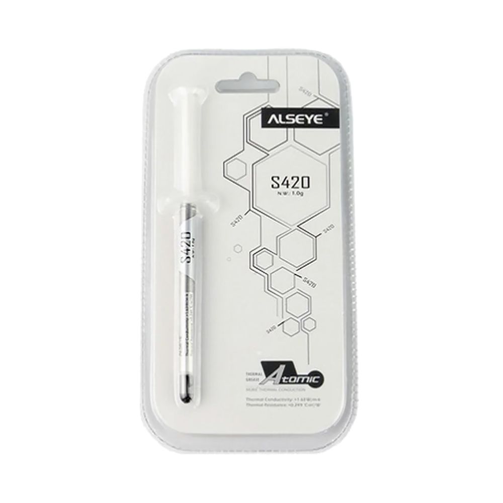 Термопаста ALSEYE S420 Color: Grey Thermal Conductivity: ＞1.36 Thermal Impedance: &lt;0.229 Specific Gravity:&gt;2 Viscosity: 1000 Thixotropic Index: 350±10 Moment Beared Temperature： -50-340℃ Operation Temperture: -30-300℃; silicon conpounds:35%; carbon