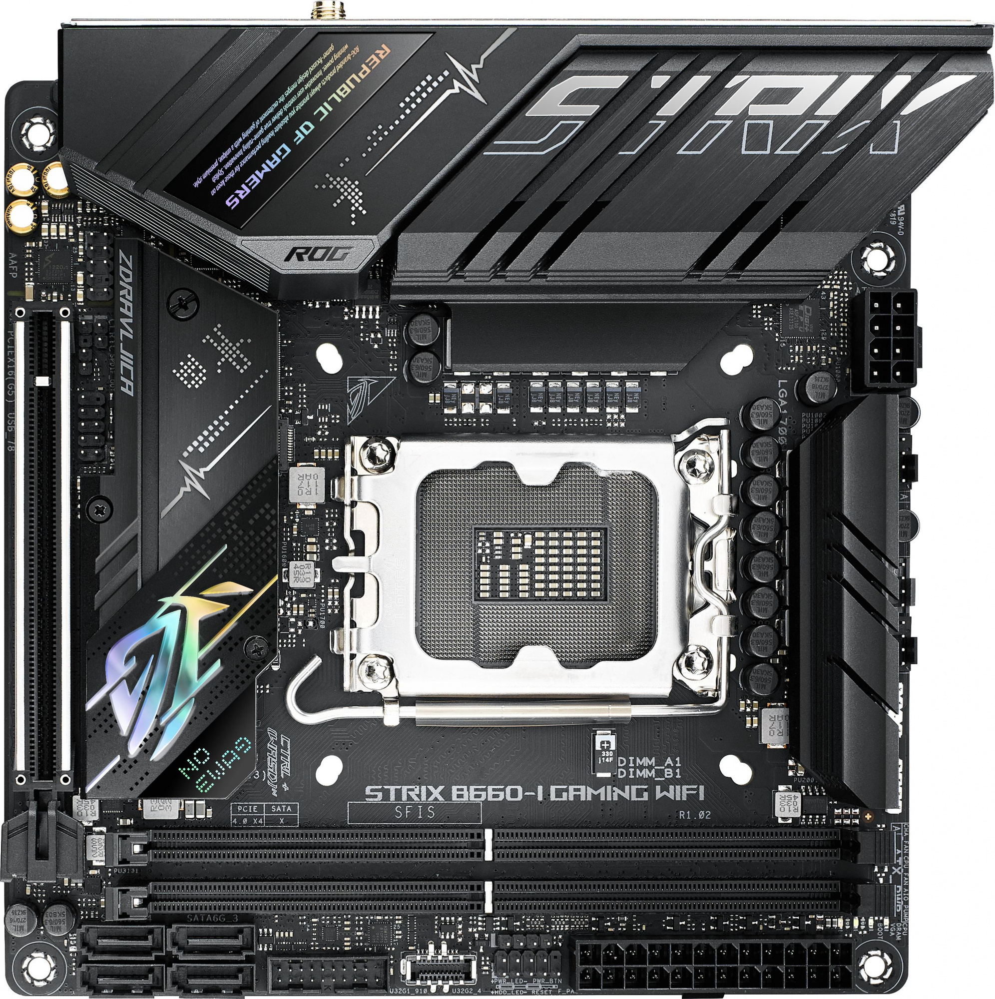 ASUS ROG STRIX B660-I GAMING WIFI, LGA1700, B660, 2*DDR5, HDMI+DP, SATA3 + RAID, Audio, Gb LAN, USB 3.2*9, USB 2.0*3, COM*1 header (w/o cable), mITX ; 90MB19C0-M0EAY0