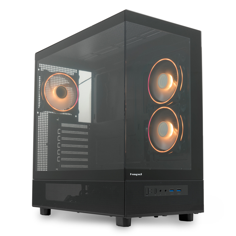 Корпус без блока питания/ HSPD F710, Panoramic Mid Tower, Black, TG, 0.5 SPCC, 3x120mm ARGB E-ATX, ATX, mATX, mITX 185/395/270mm 2x2.5", 1x3.5", 7xPCI 2xUSB-A 3.0 435x230x457mm (F710-TGBK-ARGB)