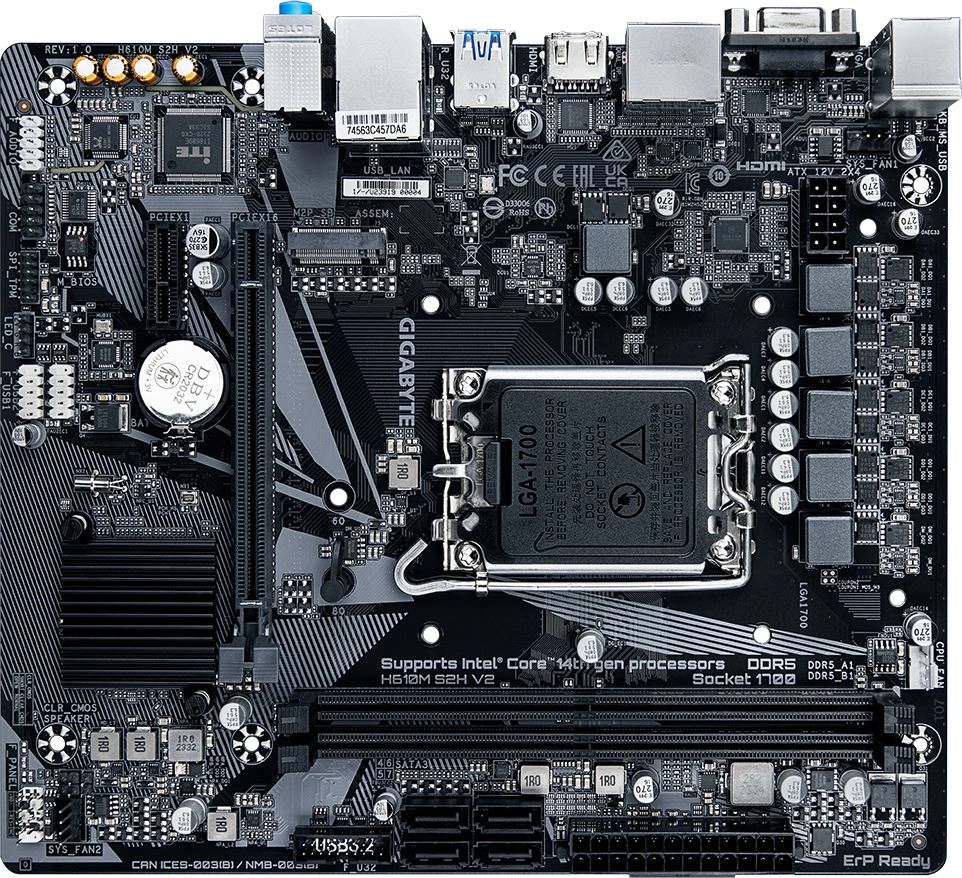 GIGABYTE H610M S2H, LGA1700, H610, 2*DDR5, 4*SATA, 1*M.2, 2*USB 3.2, 4*USB 2.0, 1*PCIx16, 1*PCIx1, D-Sub+HDMI+2*DP, mATX (H610M S2H V2)