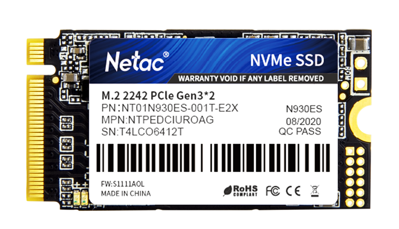 Netac SSD N930ES 1TB PCIe 3 x2 M.2 2242 NVMe 3D NAND, R/ W up to 1650/ 1500MB/ s, TBW 600TB, 3y wty (NT01N930ES-001T-E2X)