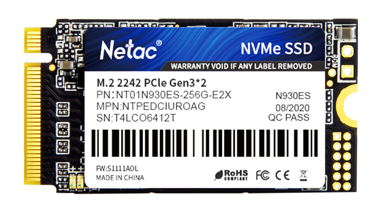 Netac SSD N930ES 256GB PCIe 3 x2 M.2 2242 NVMe 3D NAND, R/ W up to 1650/ 1260MB/ s, TBW 150TB, 3y wty (NT01N930ES-256G-E2X)