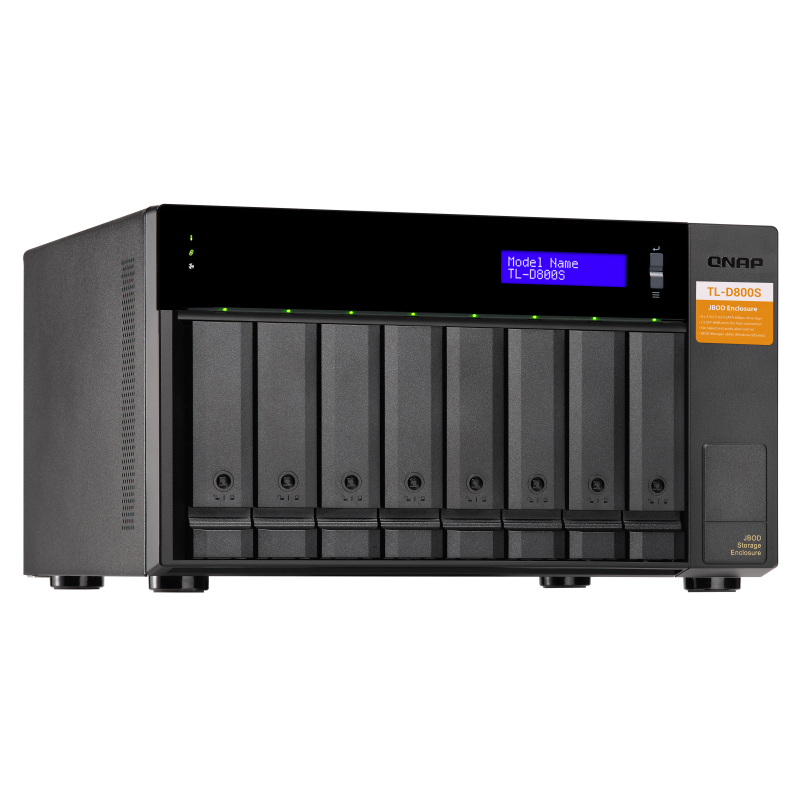 Полка расширения сетевого хранилища без дисков/ SMB QNAP TL-D800S SATA expansion enclosure, 8-tray 3,5"/ 2,5" w/ o HDD. 2xSFF-8088, hardware RAID support, desktop version.