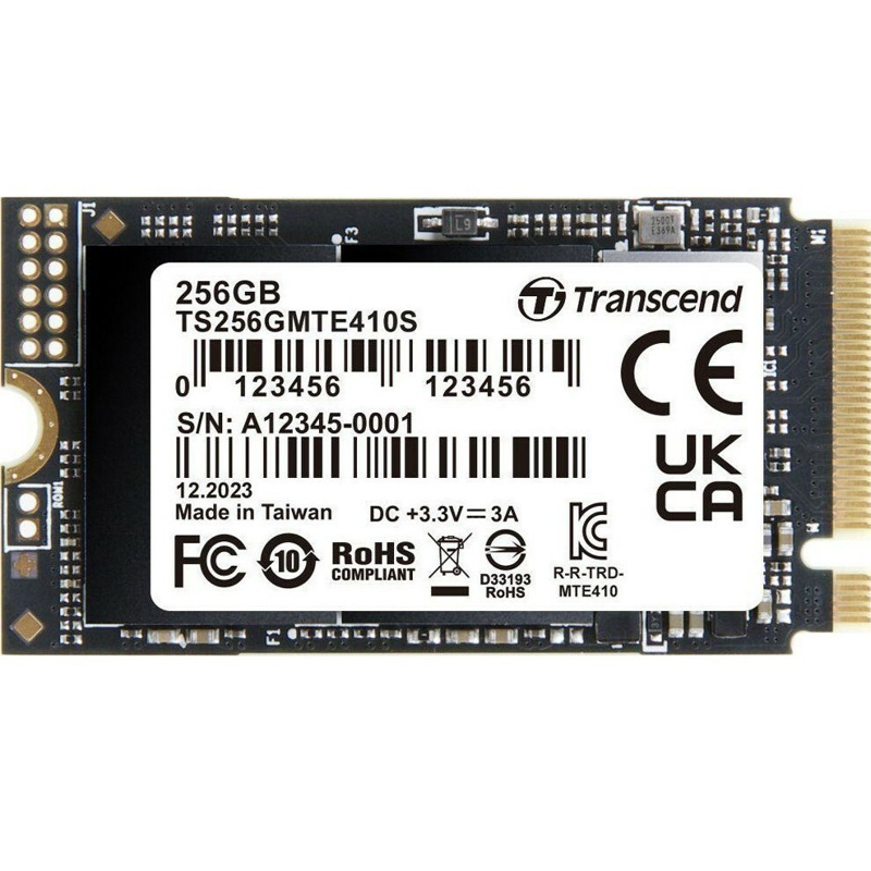 Твердотельный накопитель/ Transcend SSD MTE410S, 256GB, M.2(22x42mm), NVMe, PCIe 4x4, 3D TLC, R/ W 3300/ 1600MB/ s, IOPs 570 000/ 700 000, TBW 150, DWPD 0.33, DRAM-less (5 лет) (TS256GMTE410S)