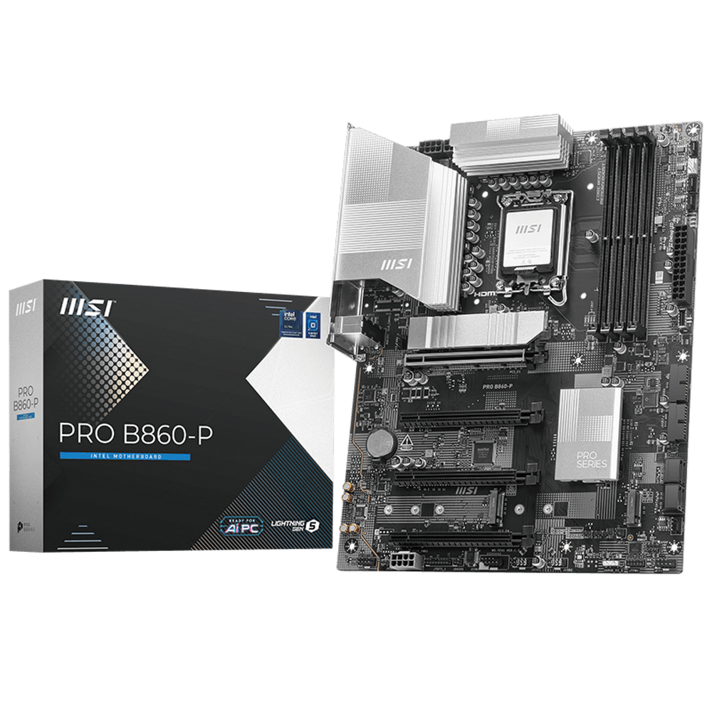 Материнская плата MSI PRO B860-P B860, LGA1851, 4*DDR5, 4*PCIEx16, 3*M.2, 1*TypeC, 2*USB3.2Gen2, 6*USB3.2Gen1, 8*USB2.0, 4*SATA3.0, 5G, Type-C DP, DP, HDMI, ATX, RTL