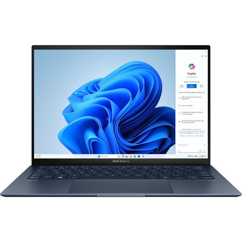 Ноутбук/ ASUS UX5304MA-NQ172 13.3"(2880x1800 OLED 16:10)/Intel Core Ultra 7 155U(1.7Ghz)/16384Mb/1024SSDGb/noDVD/Int:Shared/Cam/BT/WiFi/63WHr/war 1y/1kg/Ponder Blue/DOS + EVO; алюм корп; чехол (90NB12V3-M00B20)