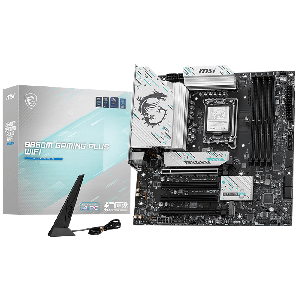 Материнская плата MSI B860M GAMING PLUS WIFI B860, LGA1851, 4*DDR5, 4*PCIEx16, 3*M.2, 1*TypeC, 1*USB3.2Gen2, 5*USB3.2Gen1, 6*USB2.0, 4*SATA3.0, 5G, Type-C DP, DP, HDMI, M-ATX, RTL