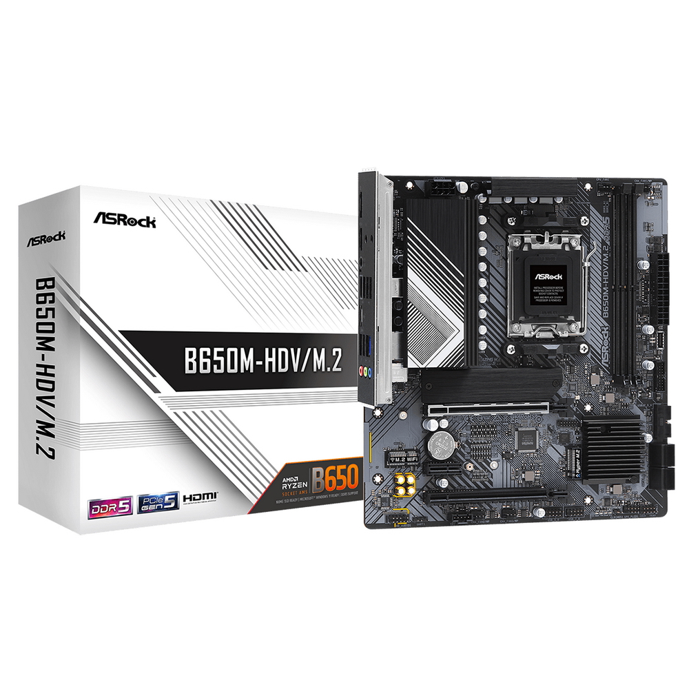 ASROCK B650M-HDV/M.2, AM5, B650, 2*DDR5, 4*SATA, 2*M.2, 2*USB 3.2, 4*USB 2.0, Type-C, 2*PCIx16, 1*PCIx1, 1*M.2 (Key E), HDMI+DP, mATX