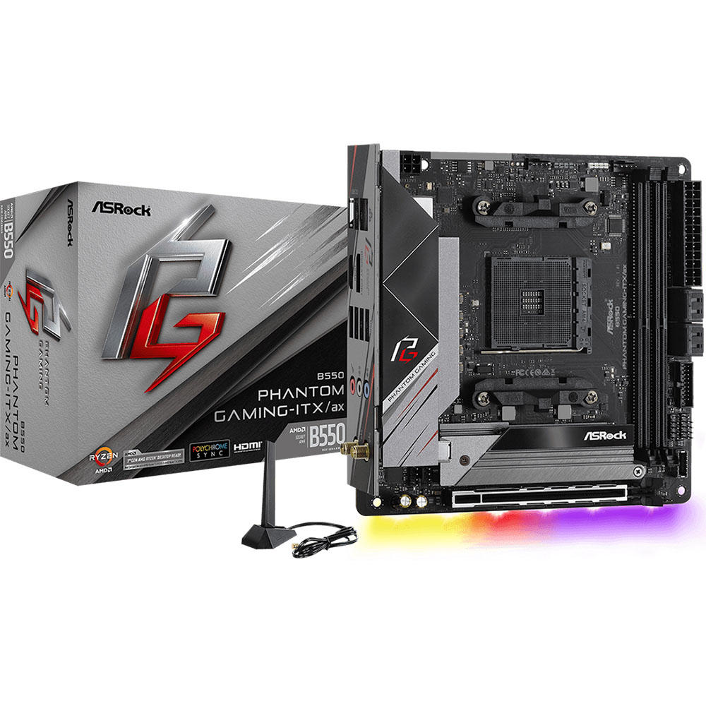 B550 PHANTOM GAMING-ITX/ AX, Socket AM4, AMD B550, 2xDDR4-3200, HDMI+DP, 1xPCI-Ex16, 4xSATA3(RAID 0/ 1/ 10), 2xM.2, 8 Ch Audio, 1x2.5GLan, WiFi, (0+2)xUSB2.0, (5+2)xUSB3.2, (1+1)xUSB3.2 Type-C™, 1xPS/ 2, Mini-ITX, RTL {10 (B550 PHANTOM GAMING-ITX/AX)