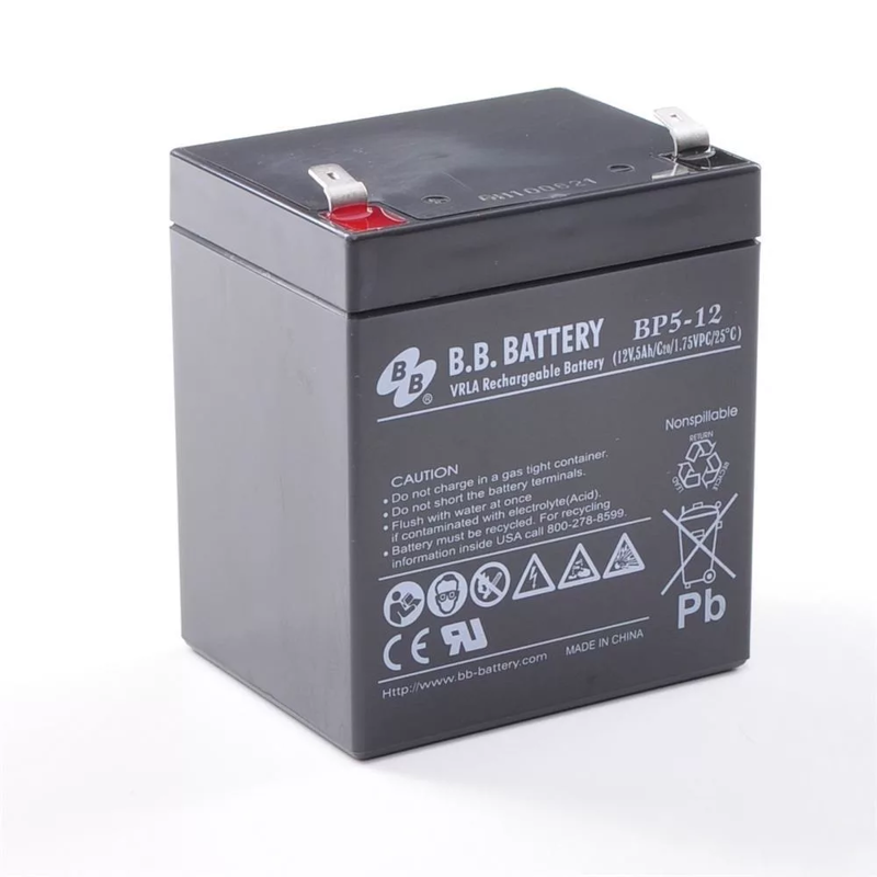 Батарея B.B. Battery серия BP, BP5-12, напряжение 12В, емкость 5Ач (разряд 20 часов), макс. ток разряда (5 сек.) 75А, макс. ток заряда 1.5A, свинцово-кислотная типа AGM, клеммы T2, ДxШxВ 90x70x106мм.,