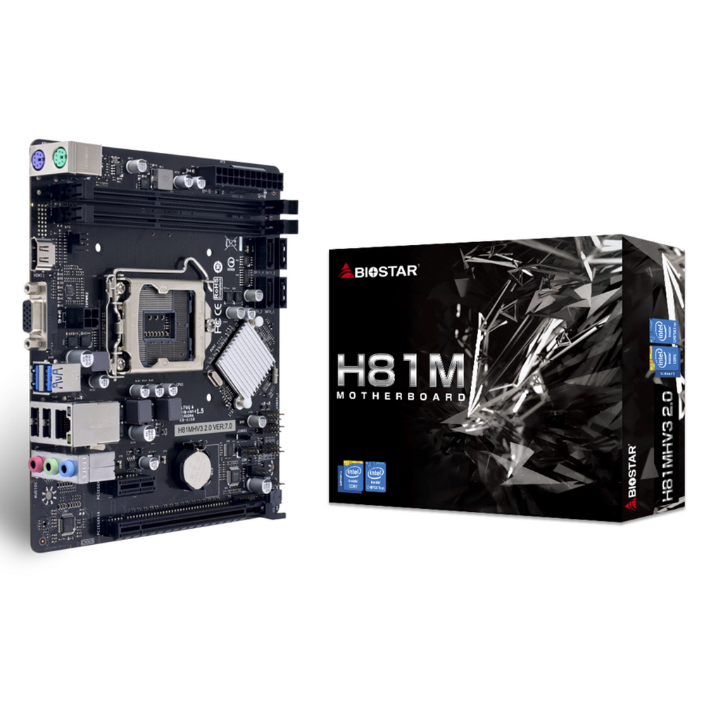 H81MHV3 2.0/ 3.0, Socket 1150, Intel H81, 2xDDR3-1600, D-SUB+HDMI, 1xPCI-Ex16, 1xPCI-Ex1, 2xSATA3, 2xSATA2, 6 Ch Audio, GLan, (2+0)xUSB3.0, (2+4)xUSB2.0, 2xPS/ 2, mATX, RTL {20}