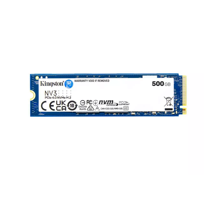 Твердотельный накопитель/ Kingston SSD NV3, 500GB, M.2(22x80mm), NVMe, PCIe 4.0 x4, 3D TLC, R/ W 5000/ 3000MB/ s, TBW 160, DWPD 0.3 (3 года) (SNV3S/500G)