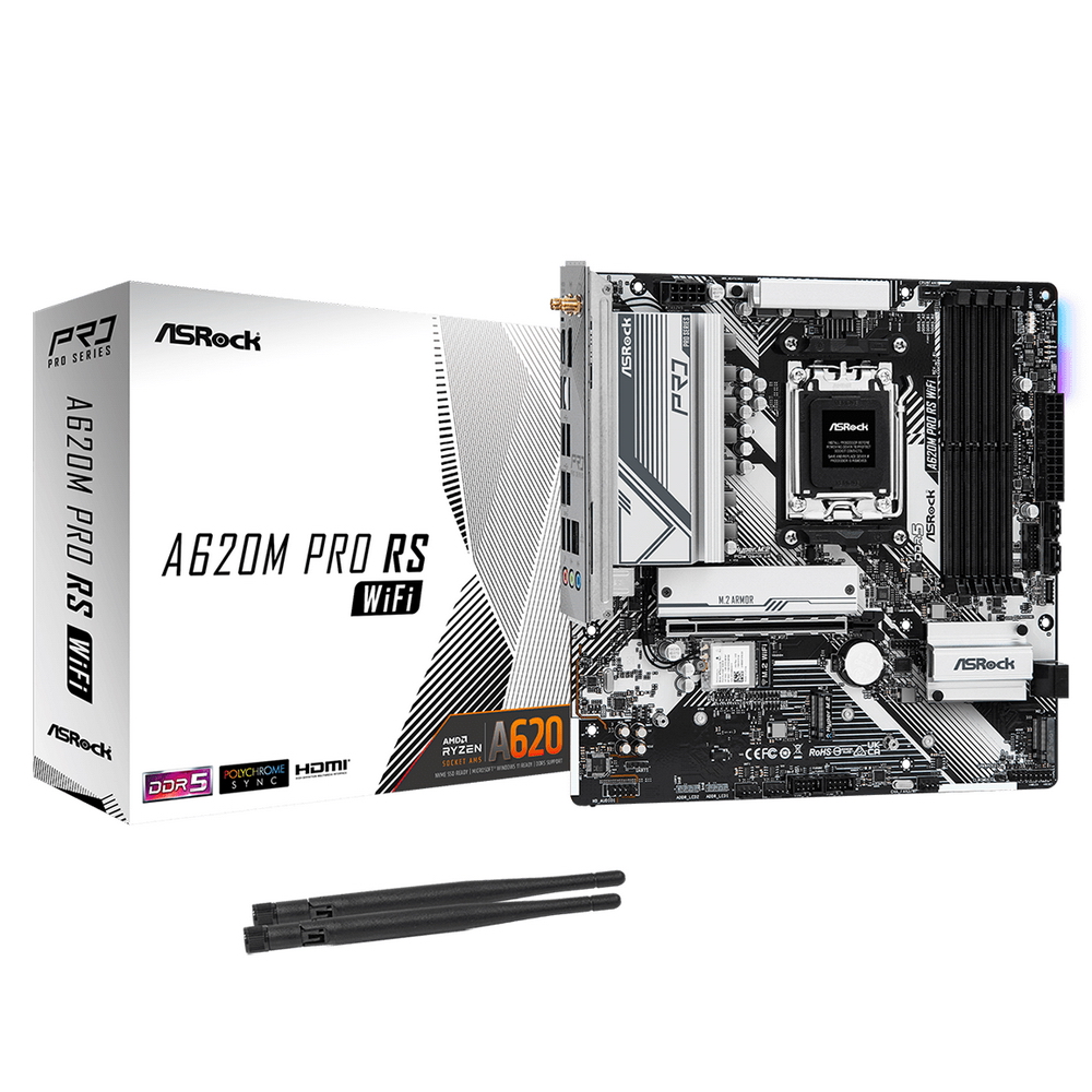 A620M PRO RS WIFI, Socket AM5, AMD A620, 4xDDR5-5200, HDMI+DP, 1xPCI-Ex16, 4xSATA3(RAID 0/ 1/ 10), 3xM.2, 8 Ch Audio, GLan, WiFi, (4+4)xUSB2.0, (3+2)xUSB3.2, (1+1)xUSB3.2 Type-C™, mATX, RTL {}