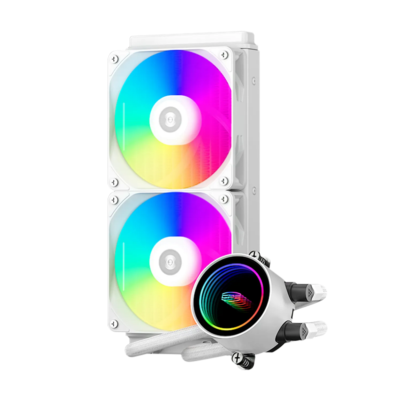 Система охлаждения/ PCCooler DA240 ARGB WH (270W, 240mm, White, ARGB/ Fans: 2x120mm, 73.6CFM, -dBA, 1800RPM/ Pump height 55mm, -dBA, 3000RPM, Rad thickness 27mm/ S: 1851, 1700, 1200, 20XX, 115X, AM5,