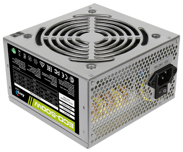 Aerocool 500W Retail ECO-500W ATX v2.3 Haswell, fan 12cm, 400-mm cable, power cord, 20+4P, 12V 4P, 1x PCI-E 6P, 3x SATA, 2x PATA, 1x FDD