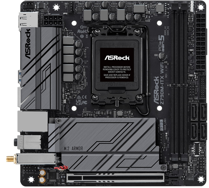 ASROCK Z790M-ITX WIFI, LGA1700, Z790, 2*DDR5, 4*SATA, 2*M.2, 4*USB 3.2, 1*USB 2.0, Type-C, 1*PCIx16, 1*M.2 (Key E), HDMI+DP, mITX