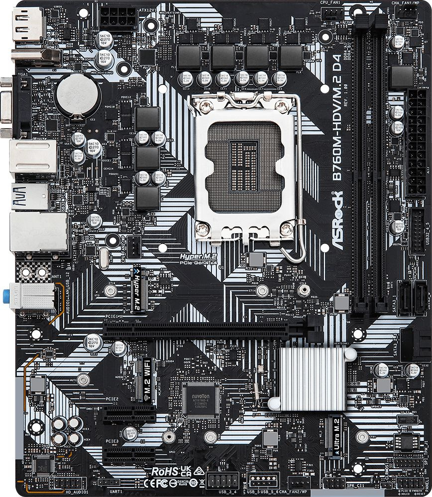 ASROCK B760M-HDV/M.2 D4, LGA1700, B760, 2*DDR4, 4*SATA, 2*M.2, 3*USB 3.2, 2*USB 2.0, Type-C, 1*PCIx16, 2*PCIx1, 1xM.2 (Key E), HDMI+DP, mATX