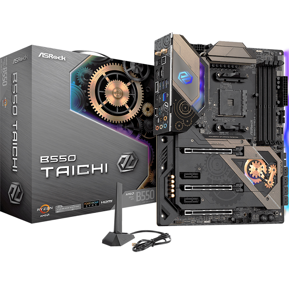 B550 TAICHI, Socket AM4, AMD B550, 4xDDR4-3200, HDMI+DP, 3xPCI-Ex16, 2xPCI-Ex1, 8xSATA3(RAID 0/ 1/ 10), 2xM.2, 8 Ch Audio, 1x2,5GLan, WiFi, (2+4)xUSB2.0, (5+4)xUSB3.2, (1+1)xUSB3.2 Type-C™, ATX, RTL, {5} (931642)