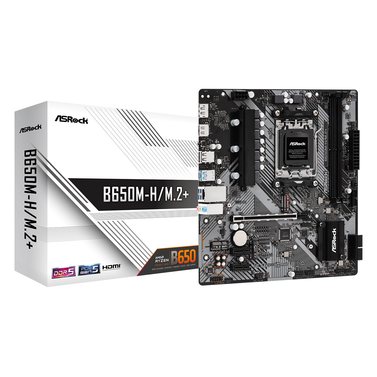 ASROCK B650M-H/M.2+, AM5, B650, 2*DDR5, 4*SATA3, 2*M.2, 3*USB 3.2, 2*USB 2.0, Type-C, 1*PCIx16, 2*PCIx1, 1xM.2 (Key E), HDMI+DP, mATX