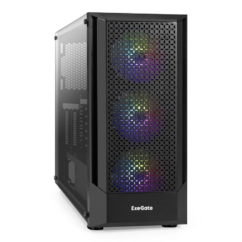 Exegate EX295765RUS Корпус Miditower ExeGate EVO-8227 (ATX, без БП, 2*USB+1*USB3.0+HD Audio, черный, 3 вент. с RGB подсветкой, боковая панель - закаленное стекло)