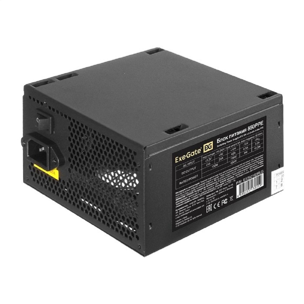 Exegate EX292162RUS Блок питания 850W ExeGate 850PPE (ATX, APFC, КПД 80% (80 PLUS), 12cm fan, 24pin, (4+4)pin, PCIe, 5xSATA, 3xIDE, FDD, black)