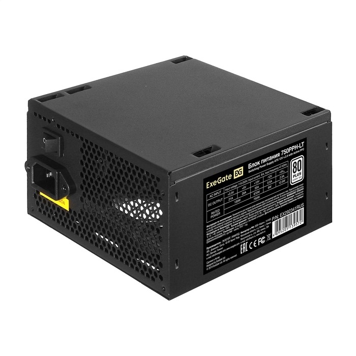 Exegate EX292341RUS-OEM Блок питания 750W ExeGate 80 PLUS® 750PPH-LT-OEM (ATX, APFC, КПД 82% (80 PLUS), 12cm fan, 24pin, 2x(4+4)pin, 4xPCI-E, 8xSATA, 4xIDE, black, RTL)