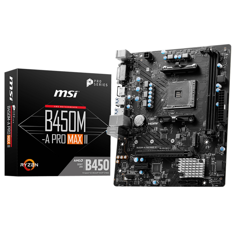 B450M-A PRO MAX II AM4 2DDR4 1PCI-Ex16 1M.2 4SATA3 6USB3.2 Gen1 6USB2.0 HD Audio 4xSATA3(RAID 0/ 1/ 10), 1xM.2, 8 Ch Audio, GLan, (2+4)xUSB2.0, (4+2)xUSB3.2, 1xPS/ 2, mATX, RTL {20} (667696)