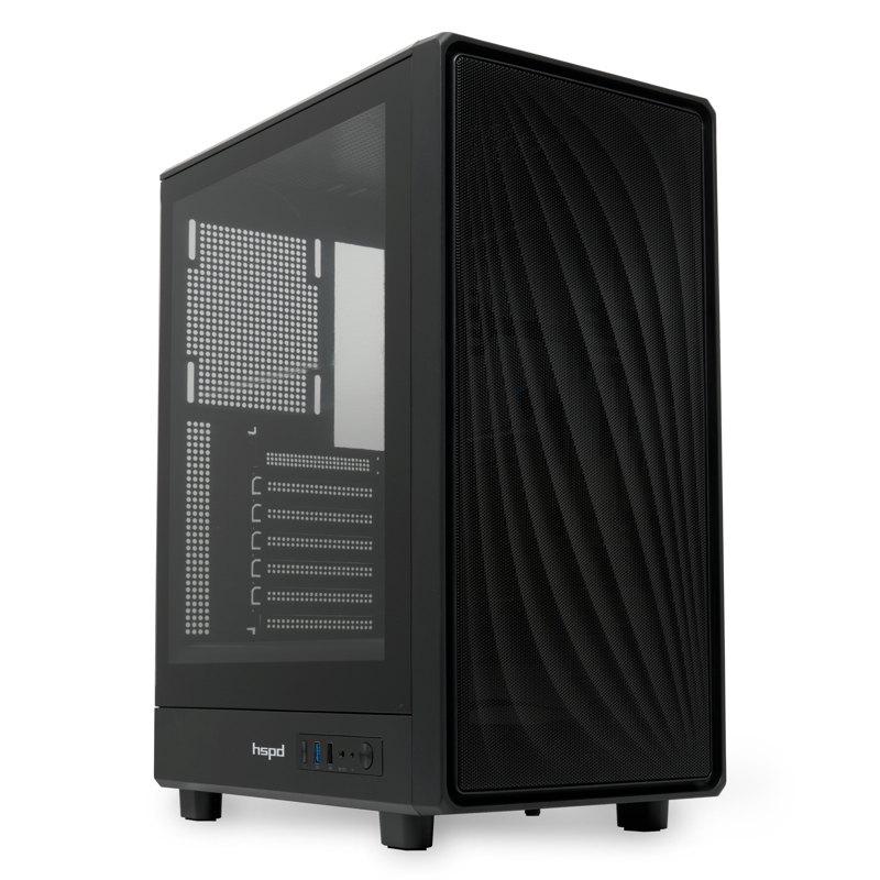 Корпус без блока питания/ HSPD M510, Mesh Mid Tower, Black, TG, 0.5 SPCC, no fans ATX, mATX, mITX 180/280/160mm 1x2.5", 1x3.5", 7xPCI 1xUSB-A 3.0, 1xUSB-A 1.0 517x277x418mm (M510-TGBK)