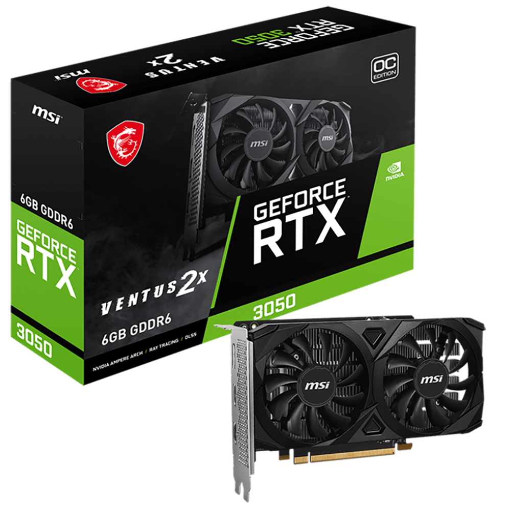 Видеокарта MSI PCI-E 4.0 RTX 3050 VENTUS 2X E 6G OC NVIDIA GeForce RTX 3050 6Gb 96bit GDDR6 1492/ 14000 HDMIx2 DPx1 HDCP Ret