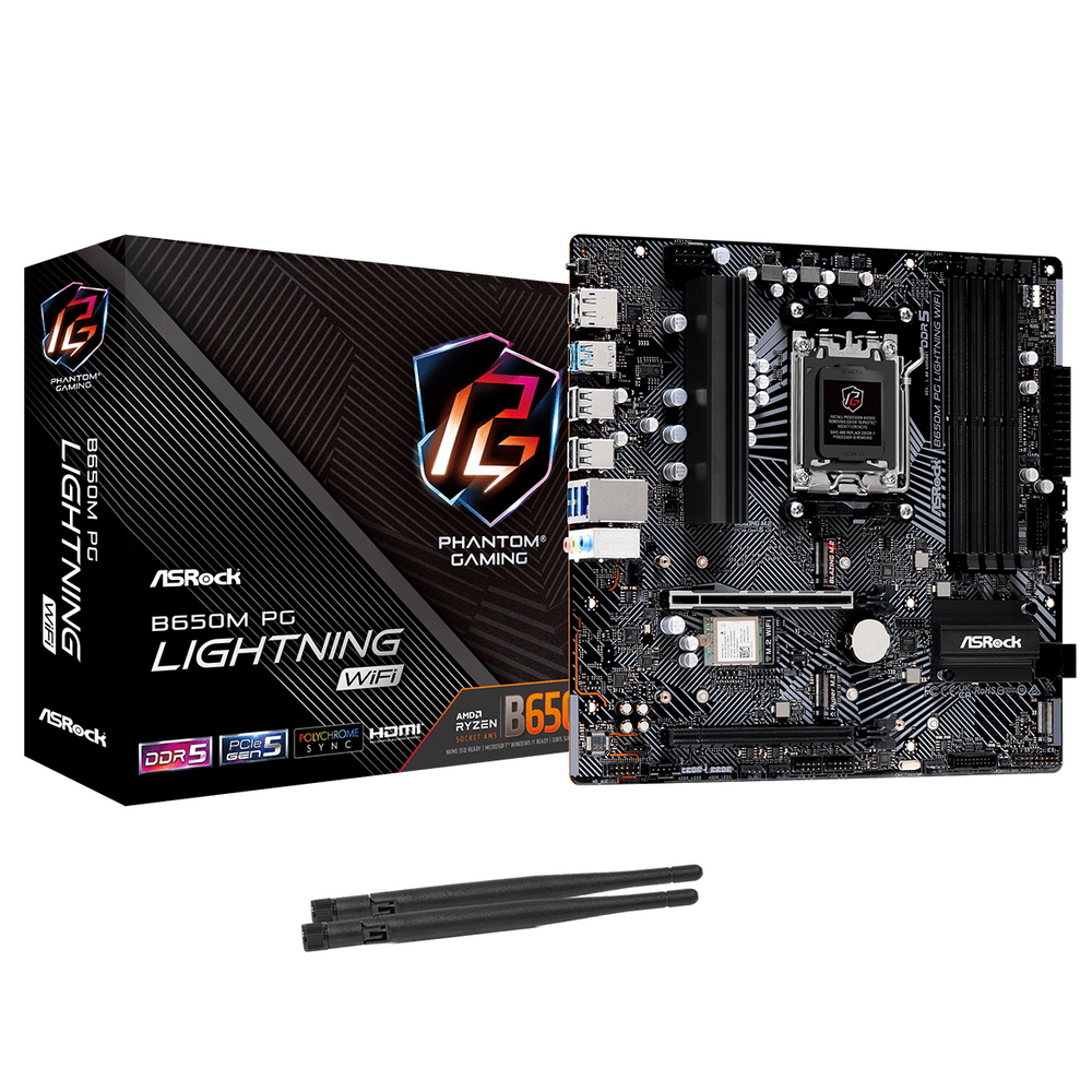 ASROCK B650M PG LIGHTNING WIFI, AM5, B650, 4*DDR5, 4*SATA, 3*M.2, 3*USB 3.2, 4*USB 2.0, Type-C, 2*PCIx16, 1*M.2 (Key E), HDMI+DP, mATX