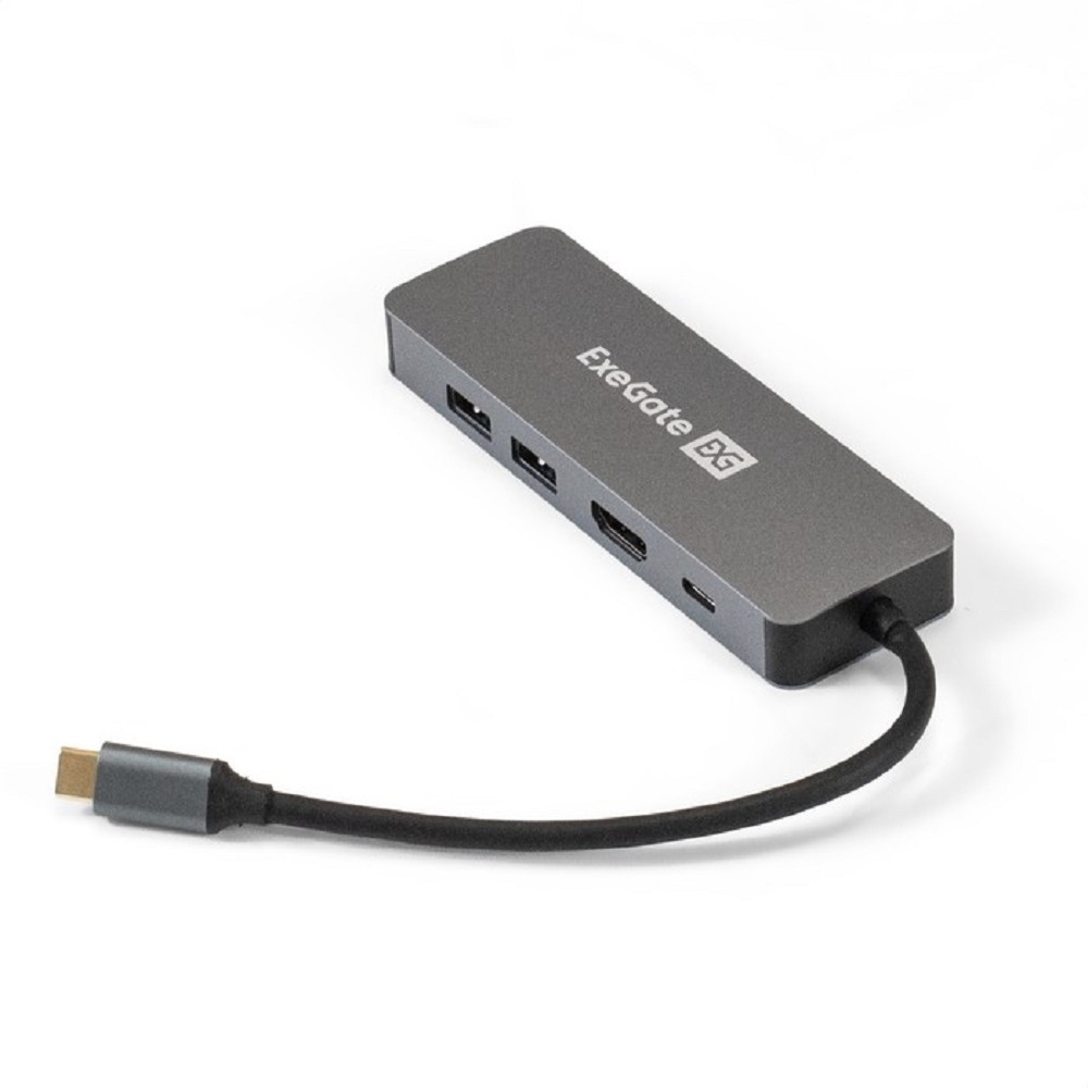 Exegate EX293982RUS Док-станция ExeGate DUB-21C/PD/HL (кабель-адаптер USB Type-C --] 2xUSB3.0 + PD 100W + HDMI 4K@60Hz + Lan RJ45 10/100/1000Mb, Plug&Play, серая)