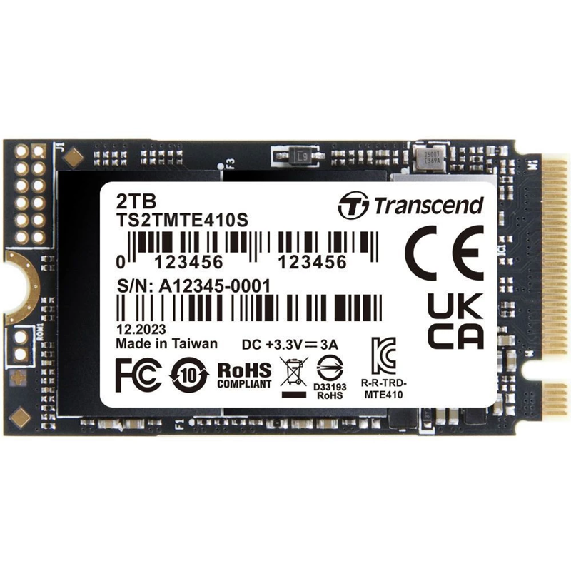 Твердотельный накопитель/ Transcend SSD MTE410S, 2000GB, M.2(22x42mm), NVMe, PCIe 4x4, 3D TLC, R/W 5000/4300MB/s, IOPs 570 000/700 000, TBW 1200, DWPD 0.33, DRAM-less (5 лет) (TS2TMTE410S)