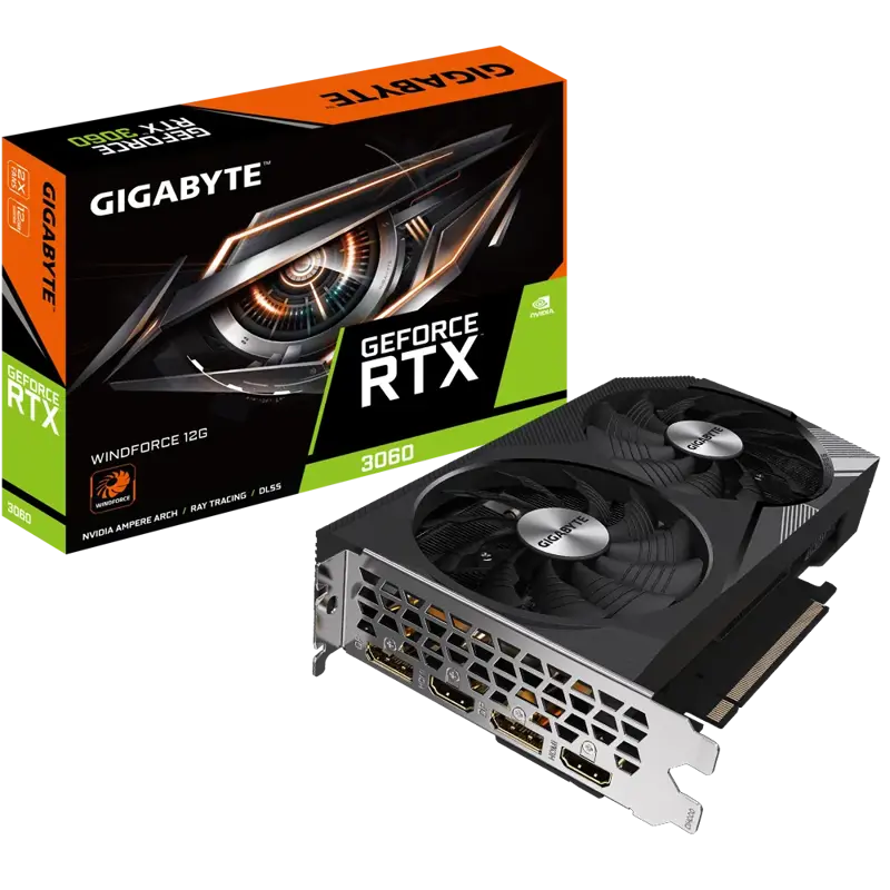 Видеокарта/ VGA GIGABYTE NVIDIA GeForce RTX 3060 WINDFORCE 12G REV1.0 12GB, GDDR6/192-bit, PCIe 4.0, 2xHDMI 2.1, 2xDP, 2-slot (GV-N3060WF2-12GD)