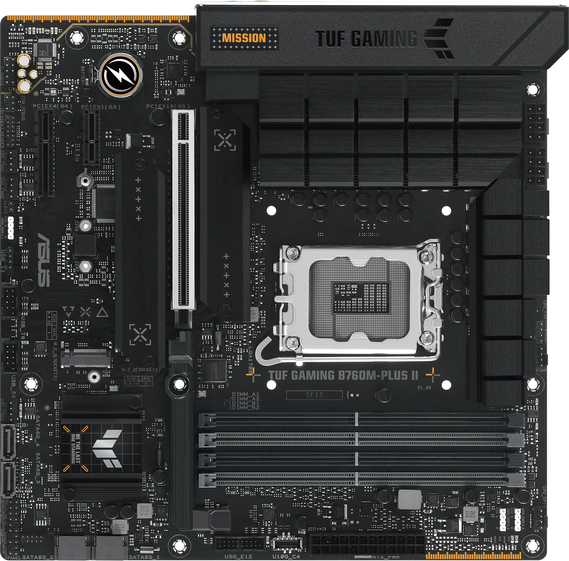 ASUS TUF GAMING B760M-PLUS II, LGA1700, B760, 4*DDR5, 4*SATA, 3*M.2, 3*USB 3.2, 4*USB 2.0, Type-C, 1*PCIx16, 1*PCIx4, 1*PCIx1, DP+HDMI, mATX; 90MB1HD0-M0EAY0