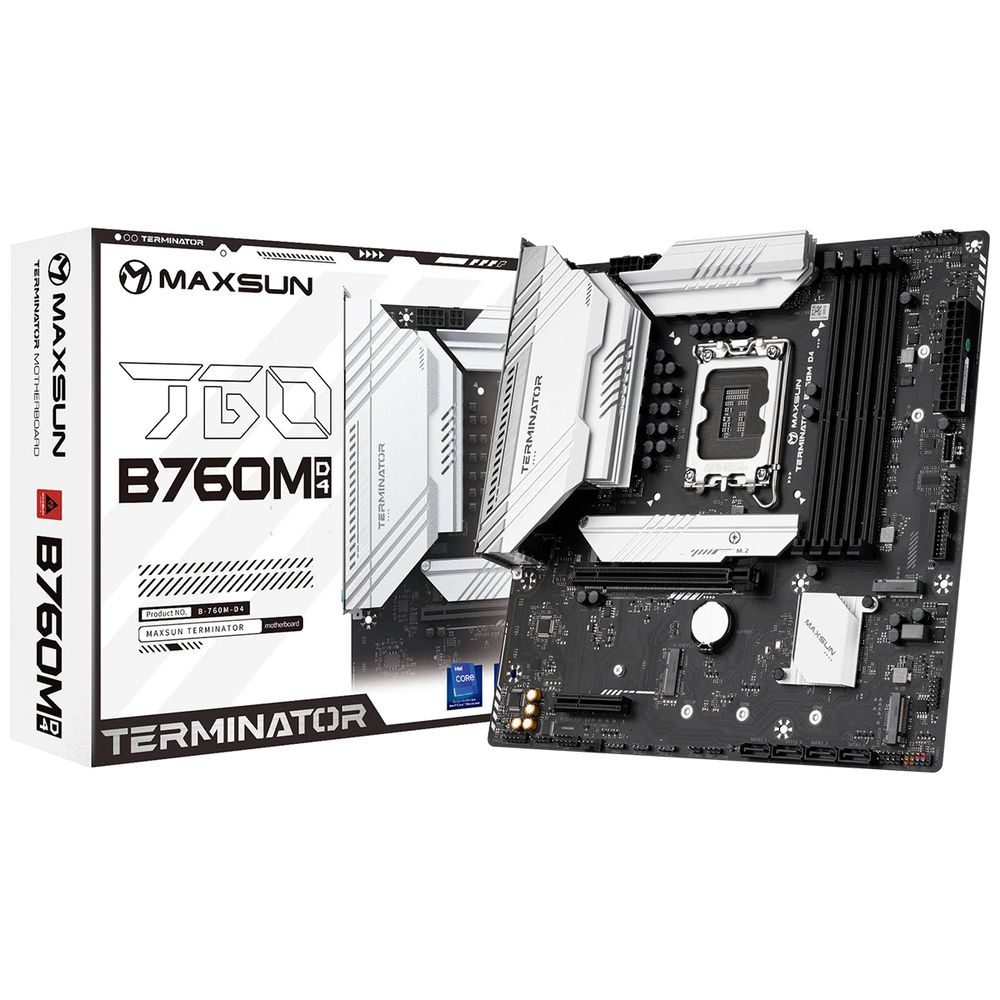 Материнская плата Maxsun MS-Terminator B760M D4 B760 LGA1700 4xDDR4 1xPCIEx16 1xPCIEx4 3xM.2 1*TypeC(20Gpbs) 2xUSB3.2Gen2 2xUSB3.2Gen1 8xUSB2.0 4xSATA3.0 2.5G DP HDMI M-ATX RTL (6940709699768)