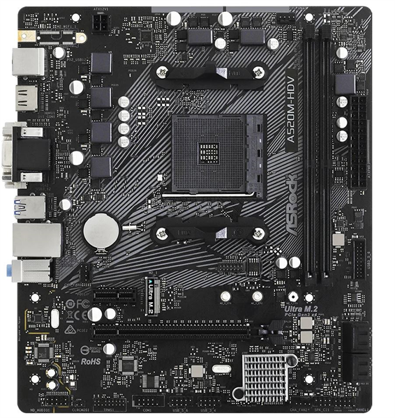 Материнская плата ASROCK A520M-HDV, AM4, A520, 2*DDR4, 4*SATA, 1*M.2, 4*USB 3.2, 2*USB 2.0, 1*PCIx16, 1*PCIx1, D-Sub+DVI-D+HDMI, mATX