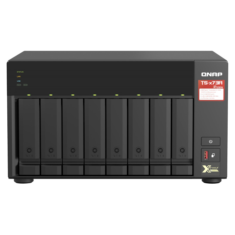 SMB QNAP TS-873A-8G NAS, 8 trays 3,5"/ 2,5", 2x2,5 GbE BASE-T, 2 x M.2 NVMe 2280 slots, quad-core AMD Ryzen V1500B 2,2 GHz, 8 GB SO-DIMM DDR4 (1 x 8 GB) up to 64GB (2x32 GB)