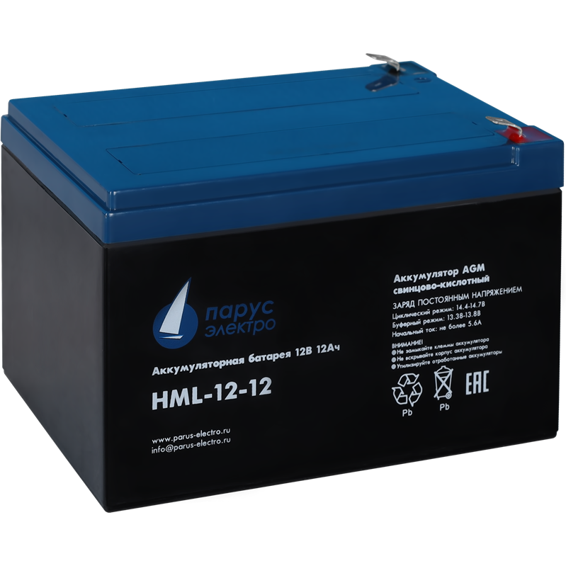 Battery Parus Electro, professional series HML-12-12, voltage 12V, capacity 12Ah (discharge 20 hours), max. discharge current (5sec) 180A, max. charge current 4.8A, lead-acid type AGM, terminals F2, L