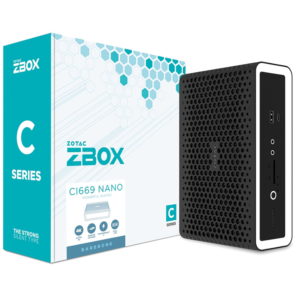 ZOTAC ZBOX NANO, SFF, FANLESS, i7-1355U, 2 DDR5 SODIMM, M.2 SSD, 2.5&quot; SATAIII BAY, 2 GLAN, WIFI, BT, USBDRV, DP/ HDMI, EU+UK PLUG (ZBOX-CI669NANO-BE)