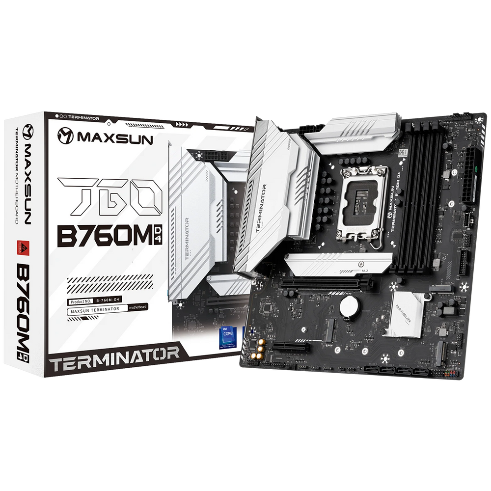 Материнская плата Maxsun MS-Terminator B760M D4 B760, LGA1700, 4*DDR4, 1*PCIEx16, 1*PCIEx4, 3*M.2, 1*TypeC, 4*USB3.2Gen1, 8*USB2.0, 4*SATA3.0, 2.5G, DP, HDMI, M-ATX, RTL (6940709699386/6940709699768)