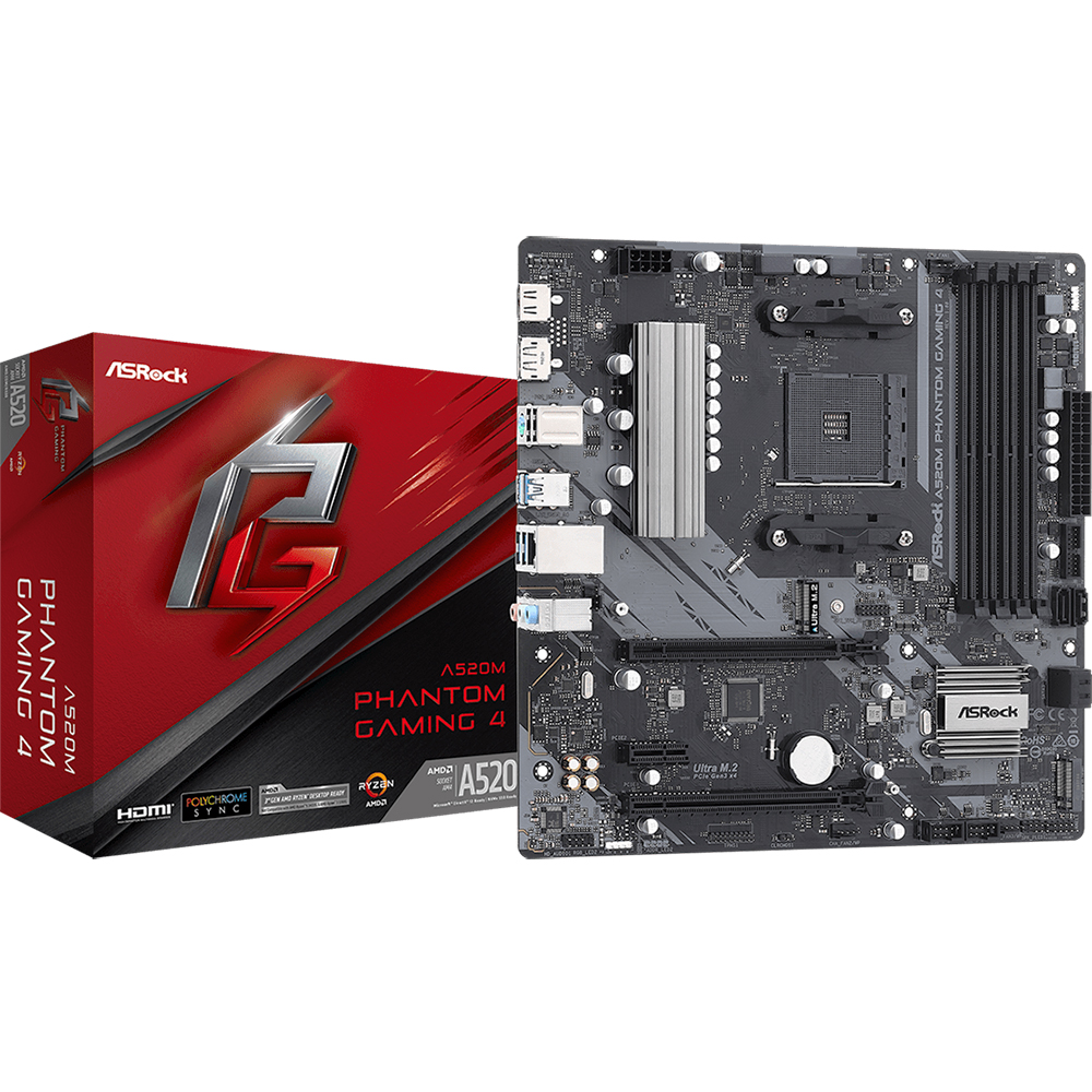 Материнская плата ASRock A520M PHANTOM GAMING 4, Socket AM4, AMD A520, 4xDDR4-3200, HDMI+DP, 2xPCI-Ex16, 1xPCI-Ex1, 4xSATA3(RAID 0/1/10), 2xM.2, 8 Ch Audio, GLan, (2+4)xUSB2.0, (4+2)xUSB3.2, 1xPS/2, mATX, RTL {20} (932915)