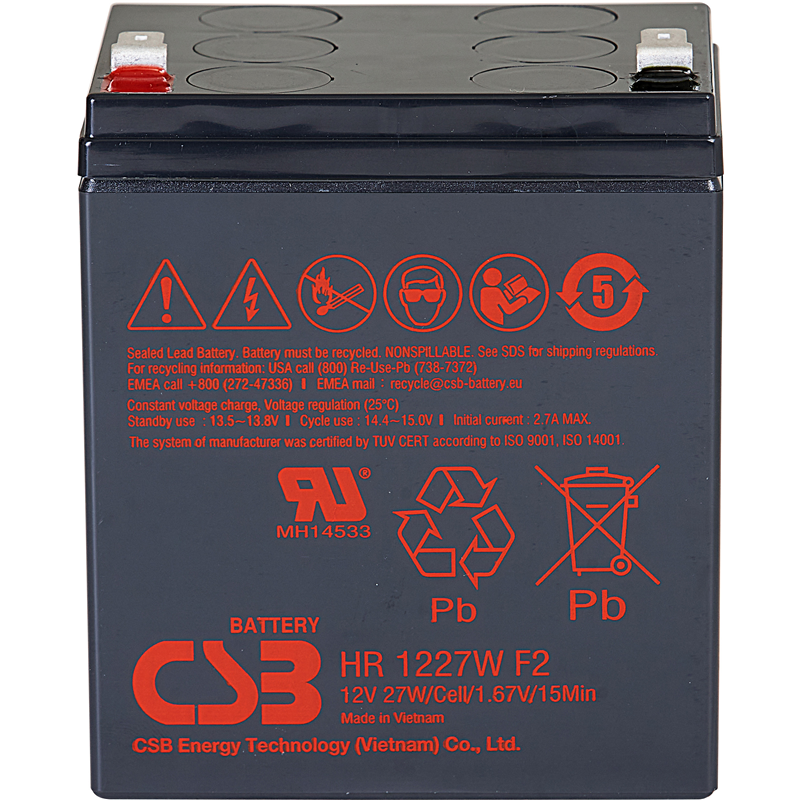 Battery CSB series GP, HR1227W F2, voltage 12V, capacity 27 W/ C at 15 min. discharge to U fin. - 1.67 V/ Cel at 25°C, (discharge 20 hours), max. discharge current (5 sec.) 130A, short circuit current 424A, max. charge current 2.7A, lead-acid type AGM,