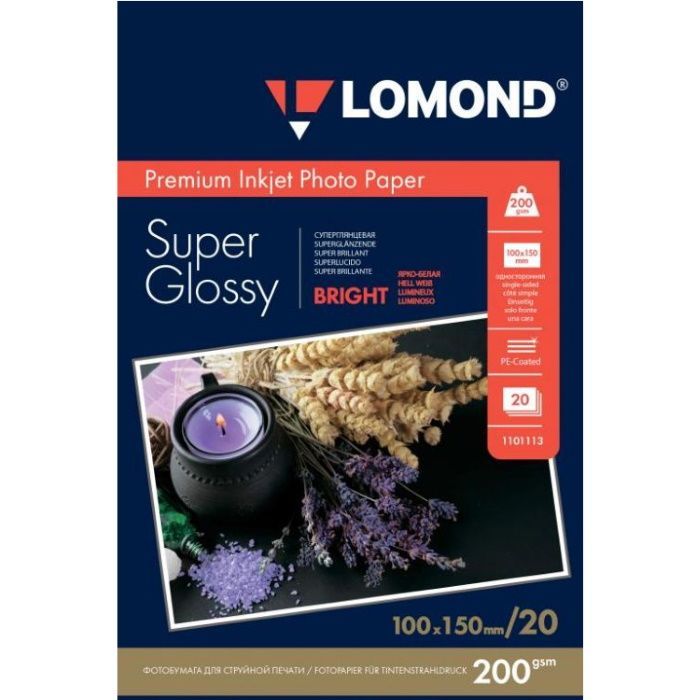 Фотобумага ПРЕМИУМ для стр.печати LOMOND200 г/м2 одностор.Super Glossy Bright 10х15см(20л) (1101113)