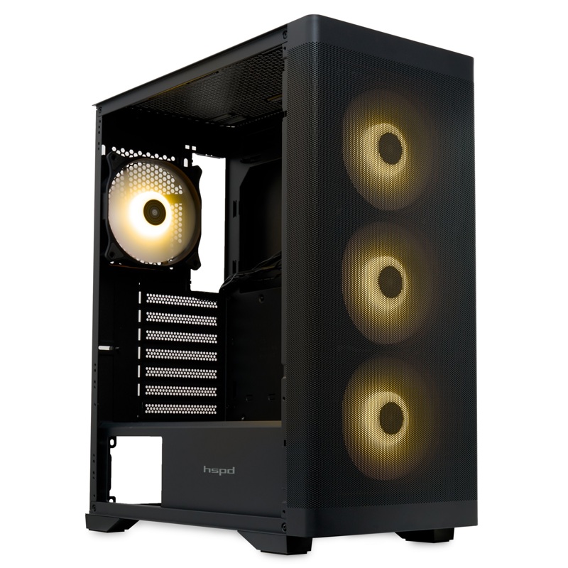 Корпус без блока питания/ HSPD M520, Mesh Mid Tower, Black, slide TG, 0.45 SPCC, 4x120mm ARGB ATX, mATX, mITX 160/330/184mm 2x2.5", -, 7xPCI 2xUSB-A 3.0, 1xUSB-A 1.0 390x200x449mm (M520-TGBK-ARGB)