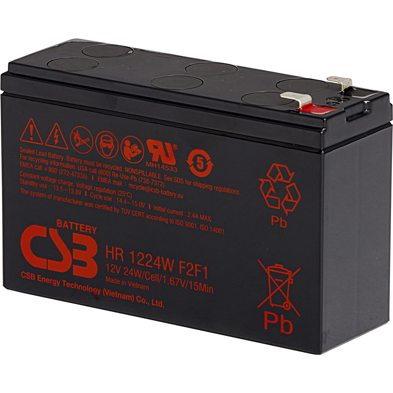 Battery CSB series GP, HR1224W F2 F1, voltage 12V, capacity 24 W/ C at 15 min. discharge to U fin. - 1.67 V/ Cel at 25°C, (discharge 20 hours), max. discharge current (5 sec.) 130A, short circuit current 260A, max. charge current 2.4A, lead-acid type AG