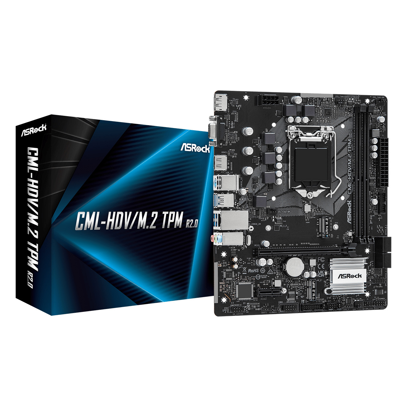 CML-HDV/M.2 TPM R2.0, Socket 1200, Intel®H310, 2xDDR4-2933, D-SUB+DVI-D+HDMI, 1xPCI-Ex16, 1xPCI-Ex1, 4xSATA3, 1xM.2, 8 Ch Audio, 1xGLan, (2+3)xUSB2.0, (4+4)xUSB3.2, 1xPS/ 2, mATX, RTL {20}